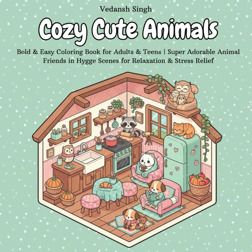 Cozy Cute Animals: Bold & Easy Coloring Book for Adults & Teens | Super Adorable Animal Friends in Hygge Scenes for Relaxation & Stress Relief