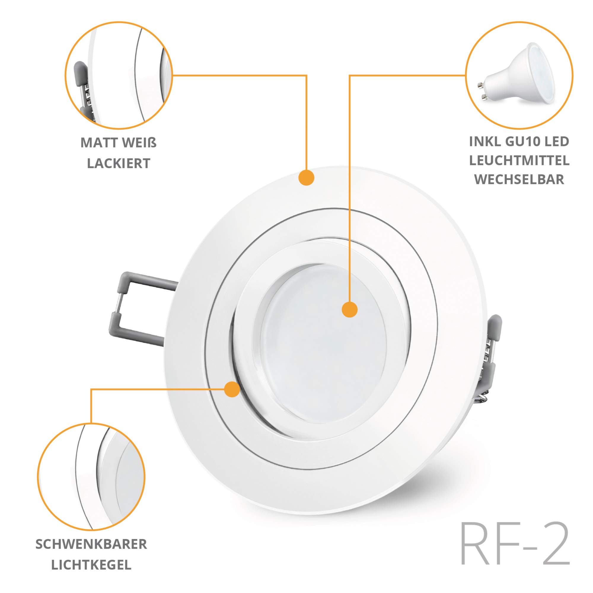 SSC-LUXon RF-2 LED Einbauleuchte 6er Set rund weiß GU10 4W warmweiß | Weiße Downlights im 6er Set rund für Wohnzimmer, Küche & Flur - inkl. milchigen Leuchtmitteln, schwenkbar, kein Trafo nötig