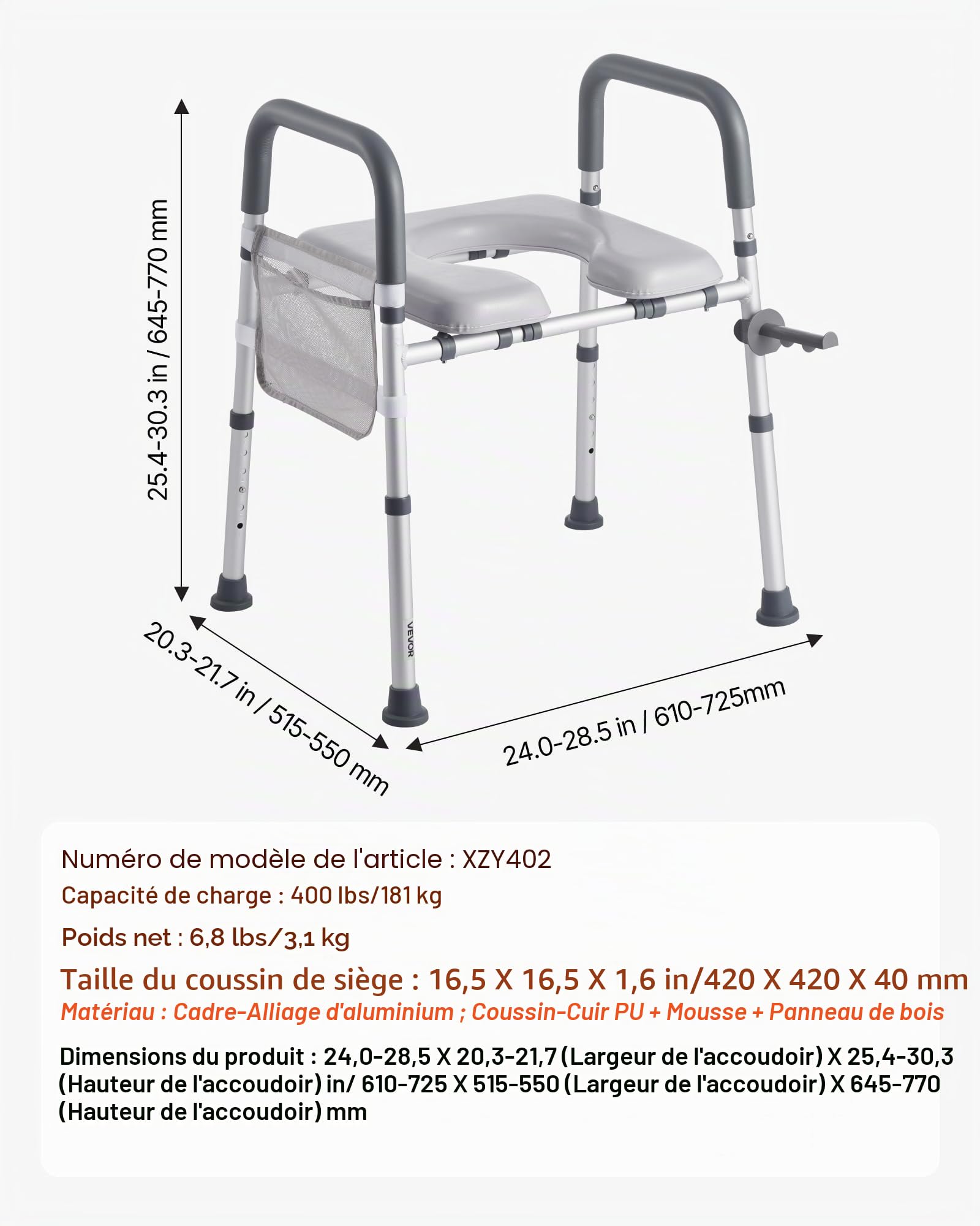 VEVOR Rehausseur de Toilette avec Accoudoirs, Réhausse WC Charge 181 kg, Siège de Toilette Surélevé Hauteur et Largeur Réglables, Coussin Rembourré, Personnes Âgées Handicapés Patients Enceintes