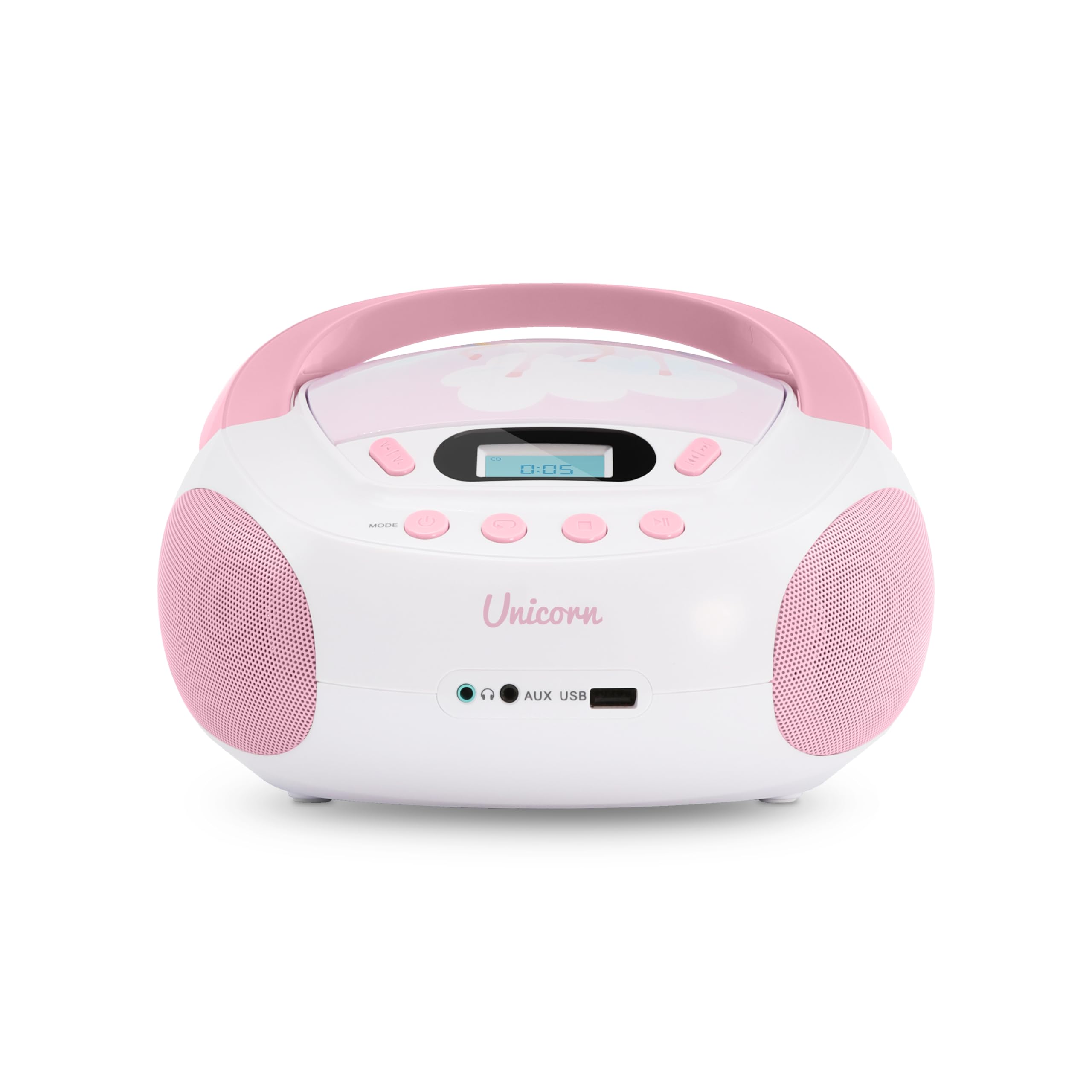Mooov 477407 - Reproductor de CD portátil, Lector CD Audio CD-R/CD-RW, Puerto USB para MP3, Sonido estéreo de 6W, asa ergonómica, Unicornio