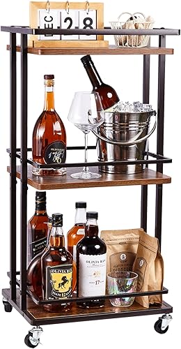 Carrito de barra de 3 niveles, carrito de bar para servir para el hogar con gran espacio de almacenamiento, hecho de madera y metal con ruedas,