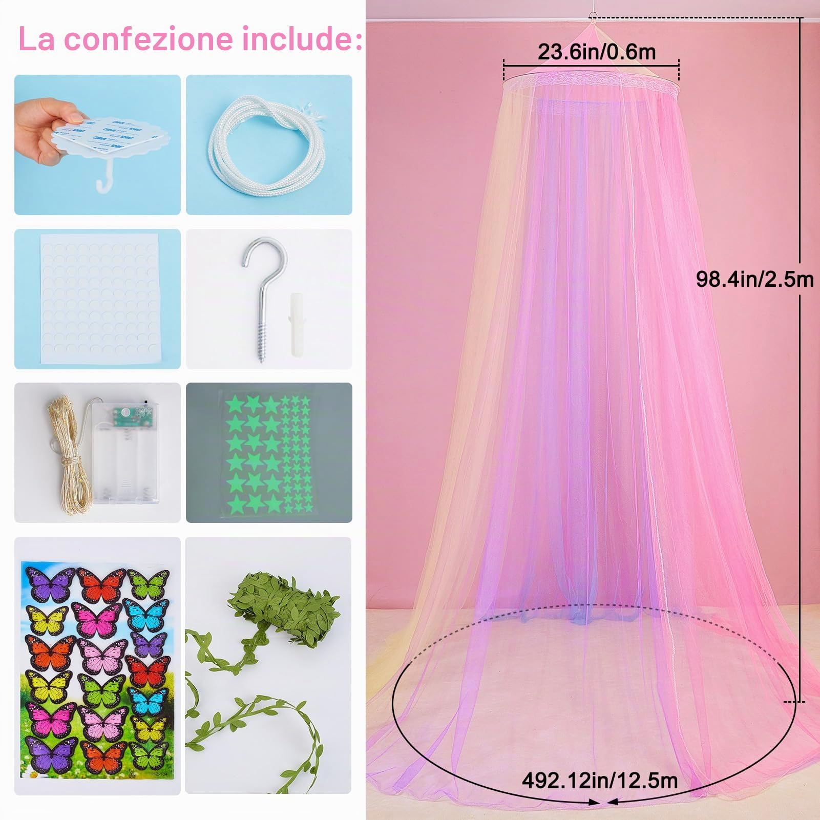 MHJY Tenda a baldacchino per camera da letto, con luci LED, zanzariera, fai da te, decorazione per la stanza delle principesse, con stelle e farfalle