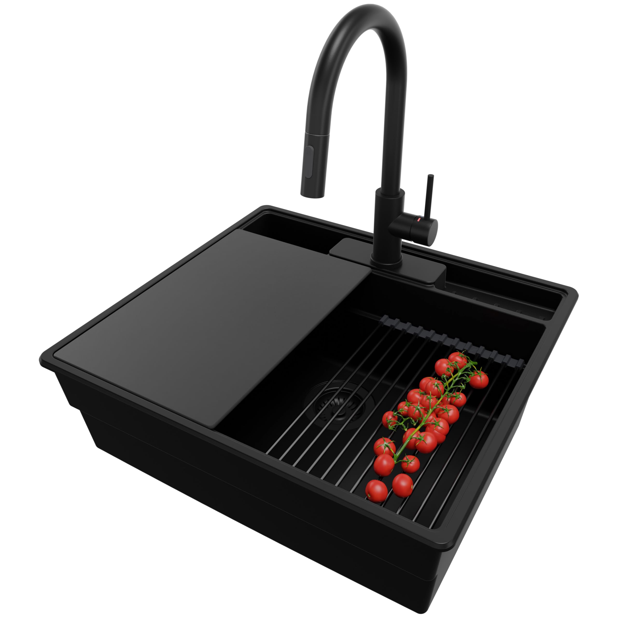 Évier cuisine en granit tout noir 58x53cm Primagran avec robinet 40x20 et vidage pour meuble 60cm