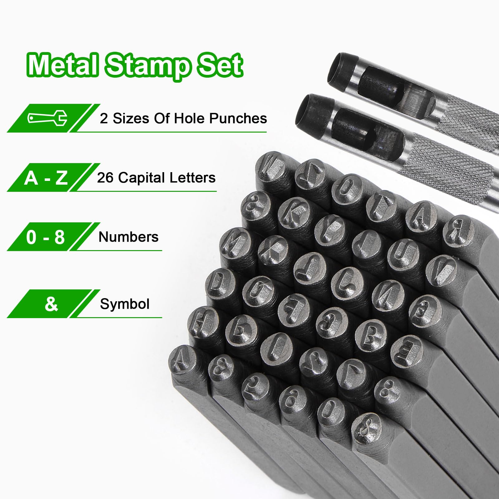 HARFINGTON Kit de estampado de metal de 36 piezas de 31/64 pulgadas (12,5 mm) (símbolo A-Z, 0-8 y "Símbolo) Herramienta de prensa de letras de acero con perforador para sellar en metal, plástico,