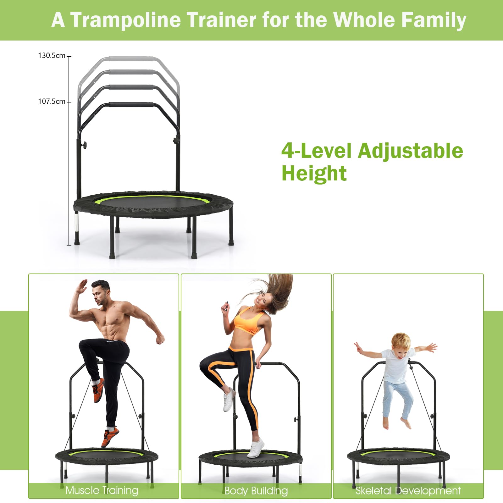 KOMFOTTEU Trampolino Fitness Ø101 cm con Carico di 150 kg, Trampolino Elastico con 2 Fasce di Resistenza e Manico Regolabile in 4 Livelli, Mini Trampolino di Rimbalzo Pieghevole per Adulti e Bambini