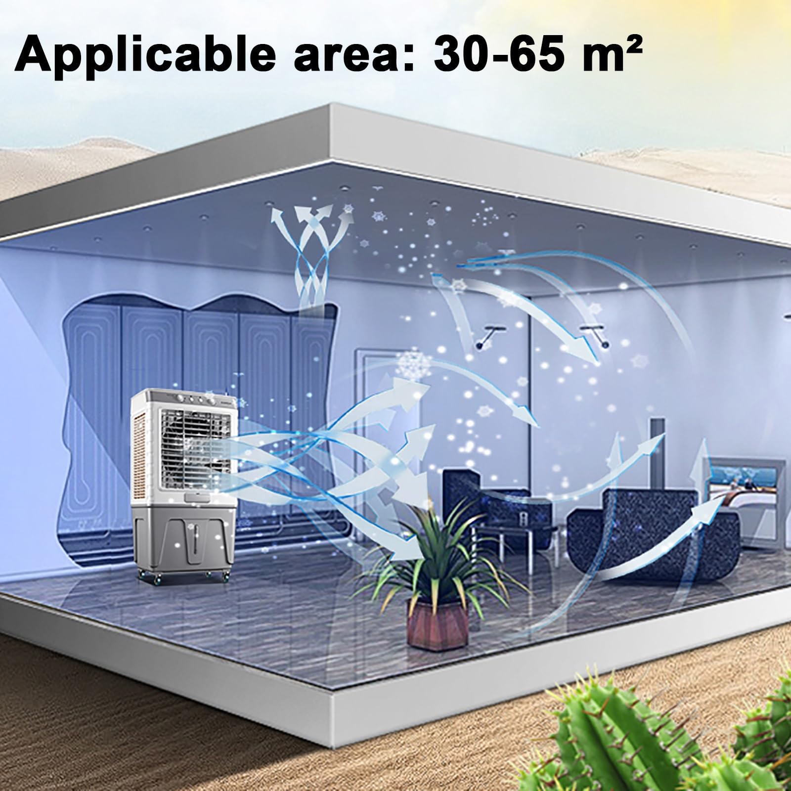 Raffrescatore d'Aria per La Casa, Raffrescatore Evaporativo A 3 velocità, Ventilatore Portatile Ad Alto Volume d'Aria con Ruote, Serbatoio da 60 Litri,62x40x109cm