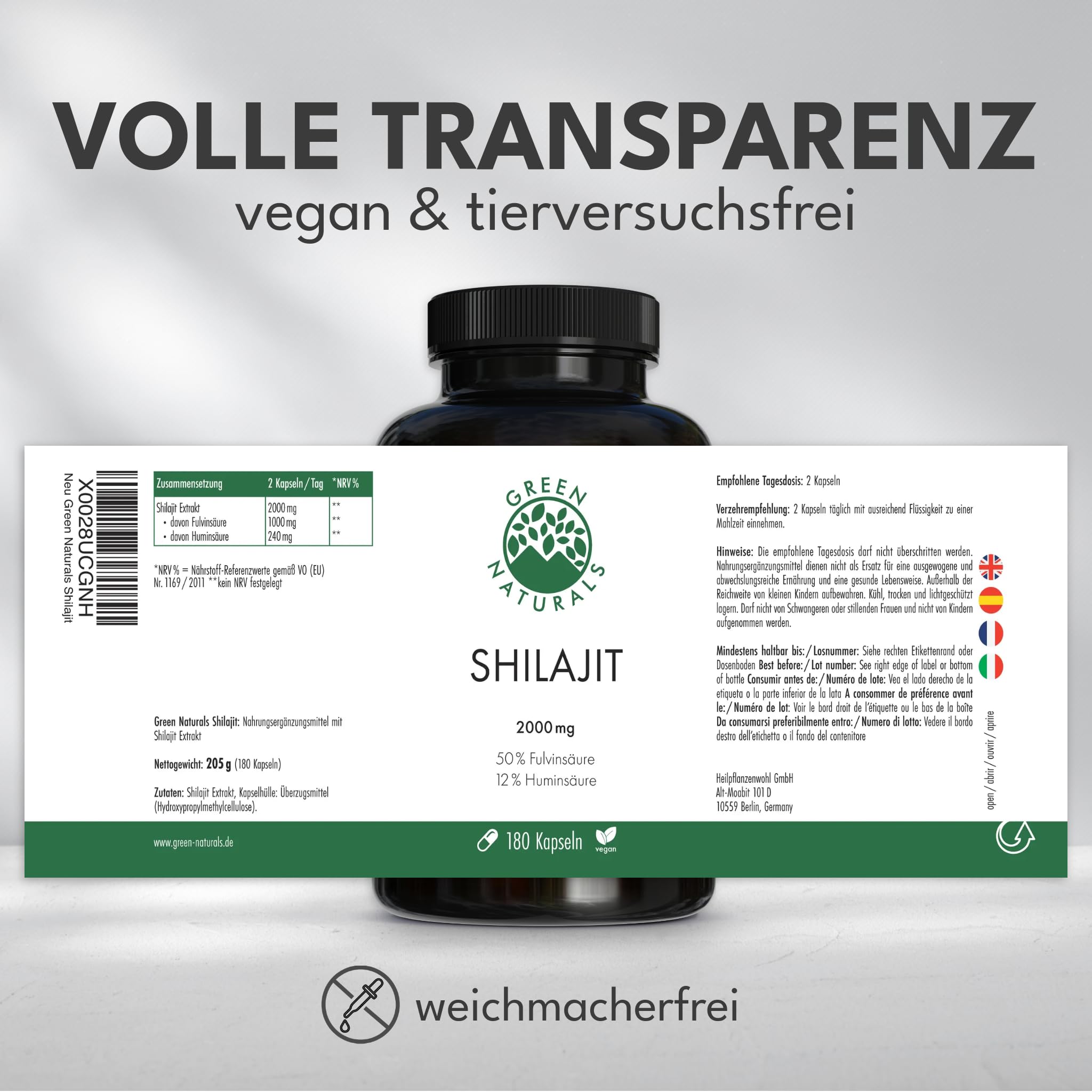 Green Naturals Shilajit – Hochdosiert: 2.000 mg Extrakt – 180 Kapseln | 20:1 pro Tagesdosis · Entspricht 40.000 mg · 50 % Fulvinsäure · 12 % Huminsäure · 3-Monatsvorrat
