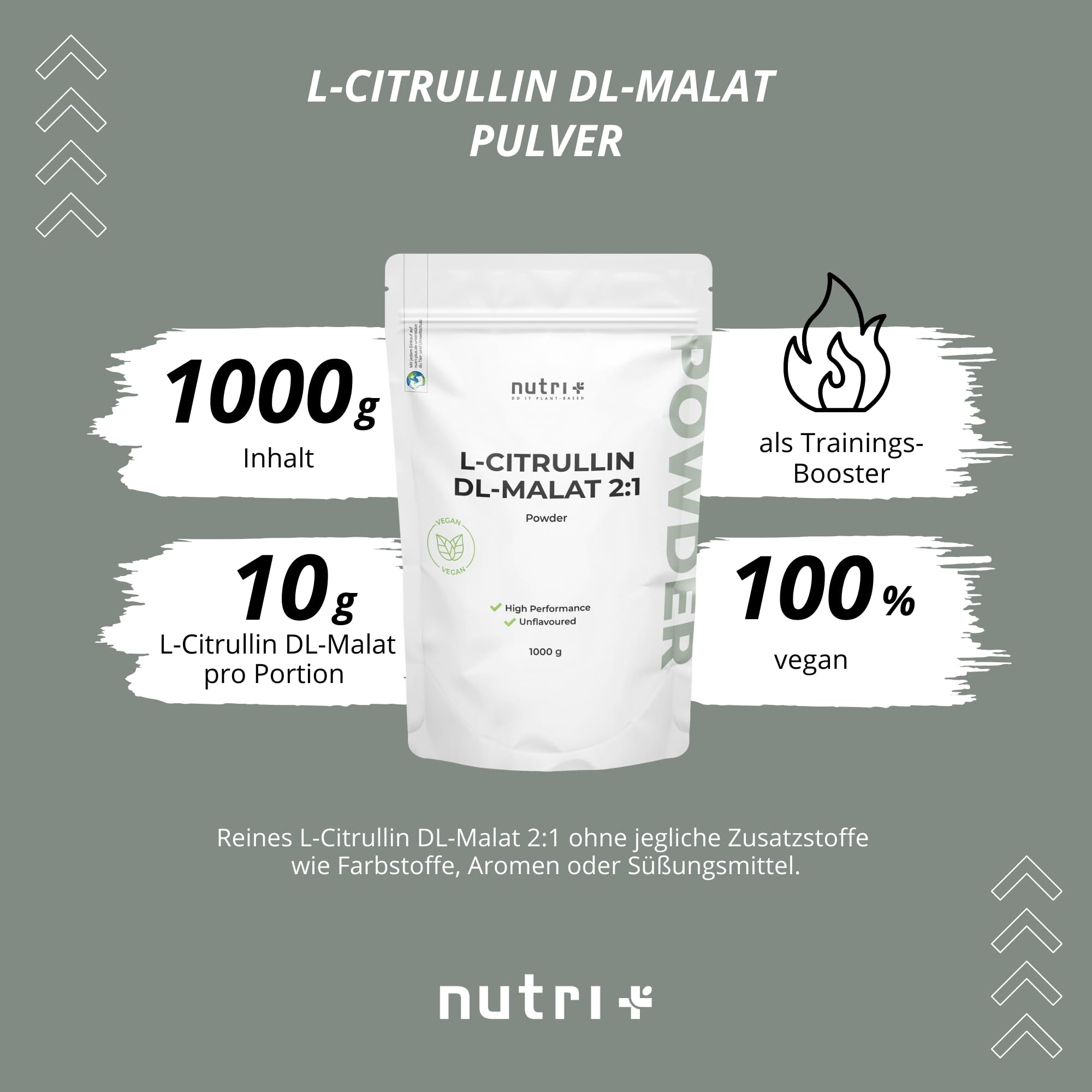 Nutri + L-Citrullin Malat Pulver 1 kg - hochdosiert vegan + rein - L-Citrulline Malate DL 2:1 1000 g - Premiumqualität aus pflanzlicher Fermentation