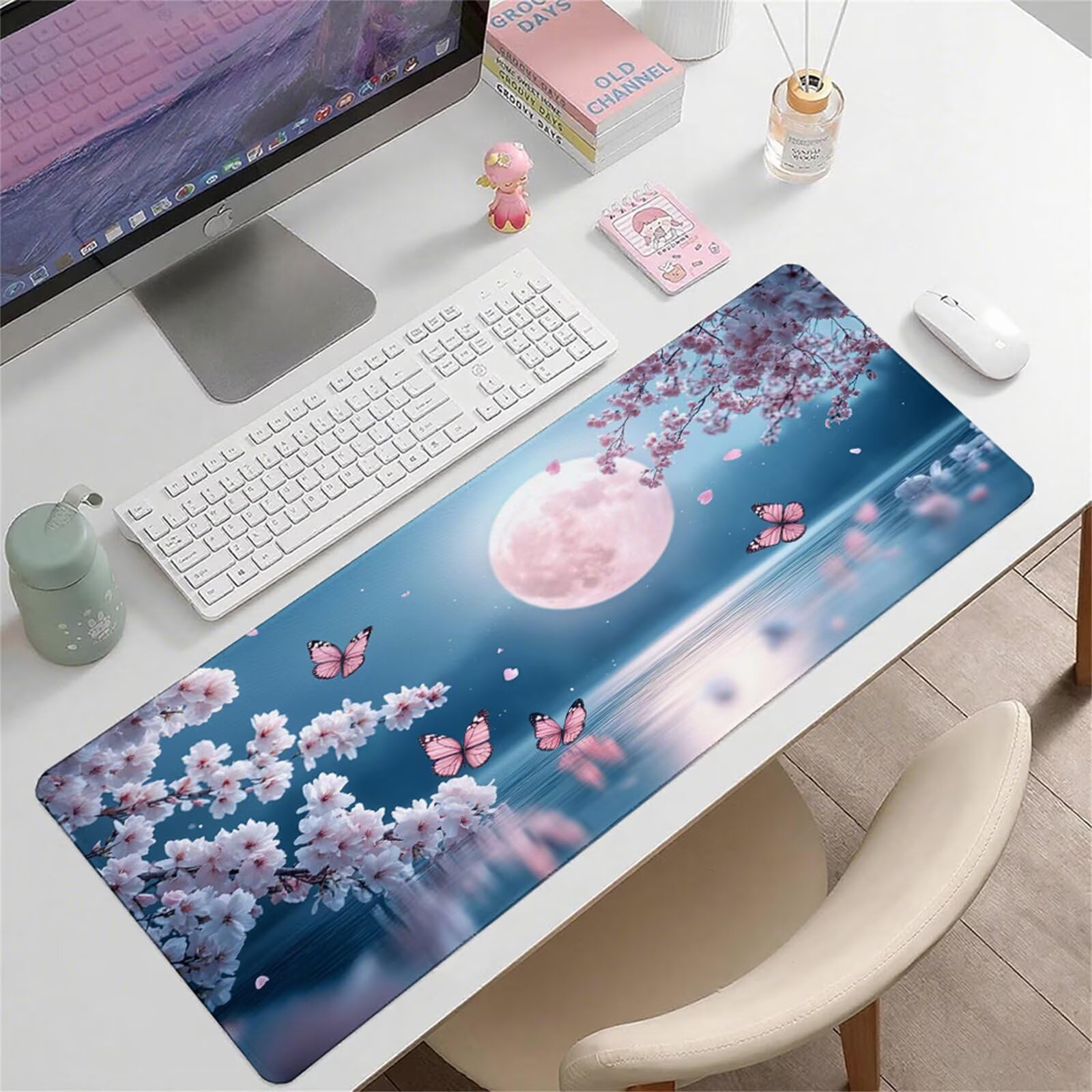 Różowa podkładka pod mysz XXL 1200 x 600 x 3 mm księżyc pod ręką akcesoria biurowe antypoślizgowa gumowa podstawa i szyte krawędzie podkładka pod mysz dla graczy do dekoracji biura dekoracyjnego