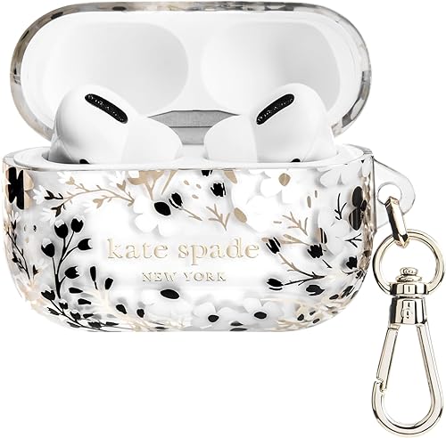 Miniatura 1 de Kate Spade New York AirPods Pro - Funda protectora con llavero y anillo, multicolor floral en blanco y negro, compatible con AirPods Pro de 2 y 1