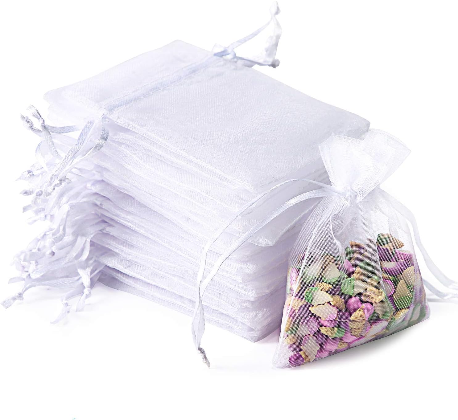 100Pcs Organza Bags, Drawstring Pouches, Wedding Favour Bags Party Christmas Bags, White Pouches (7x9cm, 2.7 * 3.5”)