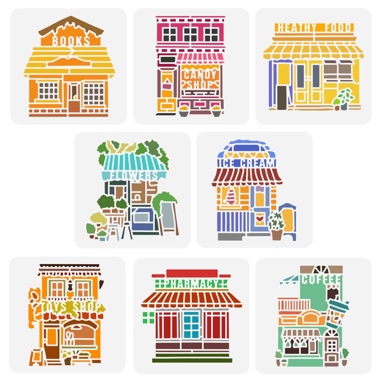 FINGERINSPIRE 8PCS House Stencils Street Shop Stencil 5.9x5.9 inch Plastic PET Bookstore Candy Shop Toys Shop Stencil Flower Shop Ice Cream Shop Cafe Drawing Stencil for Wall Window Home Decor