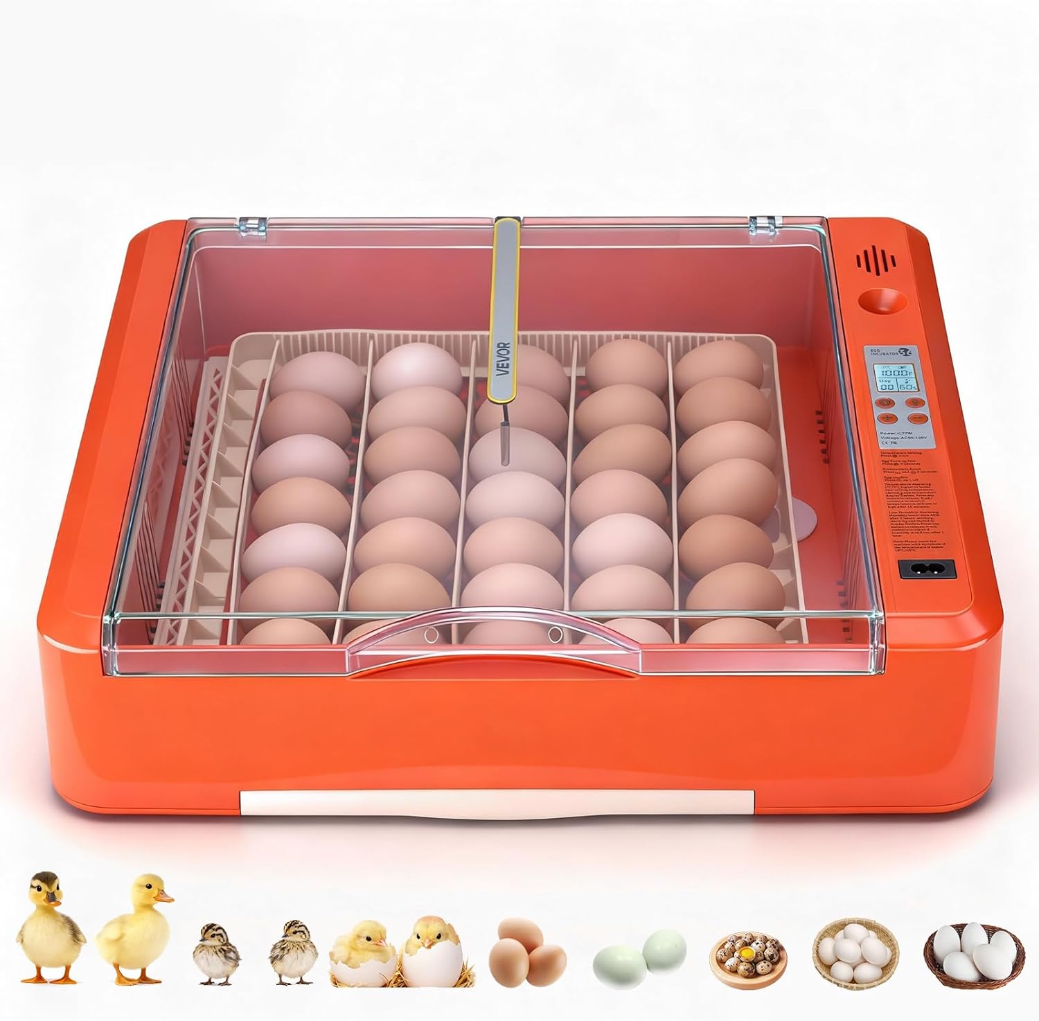VEVOR 36 Egg Incubator, Automatic Egg Turner with LED Candler & Water Tray, Temperature & Humidity Control, 360° View Clear Window, Poultry Eggs Incubators for Hatching Chicks Ducks Goose Qu