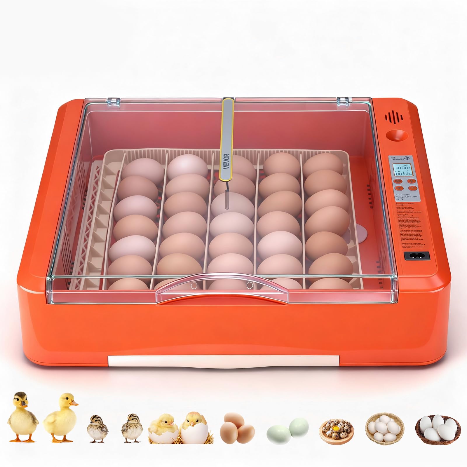 VEVOR 36 Egg Incubator, Automatic Egg Turner with LED Candler & Water Tray, Temperature & Humidity Control, 360° View Clear Window, Poultry Eggs