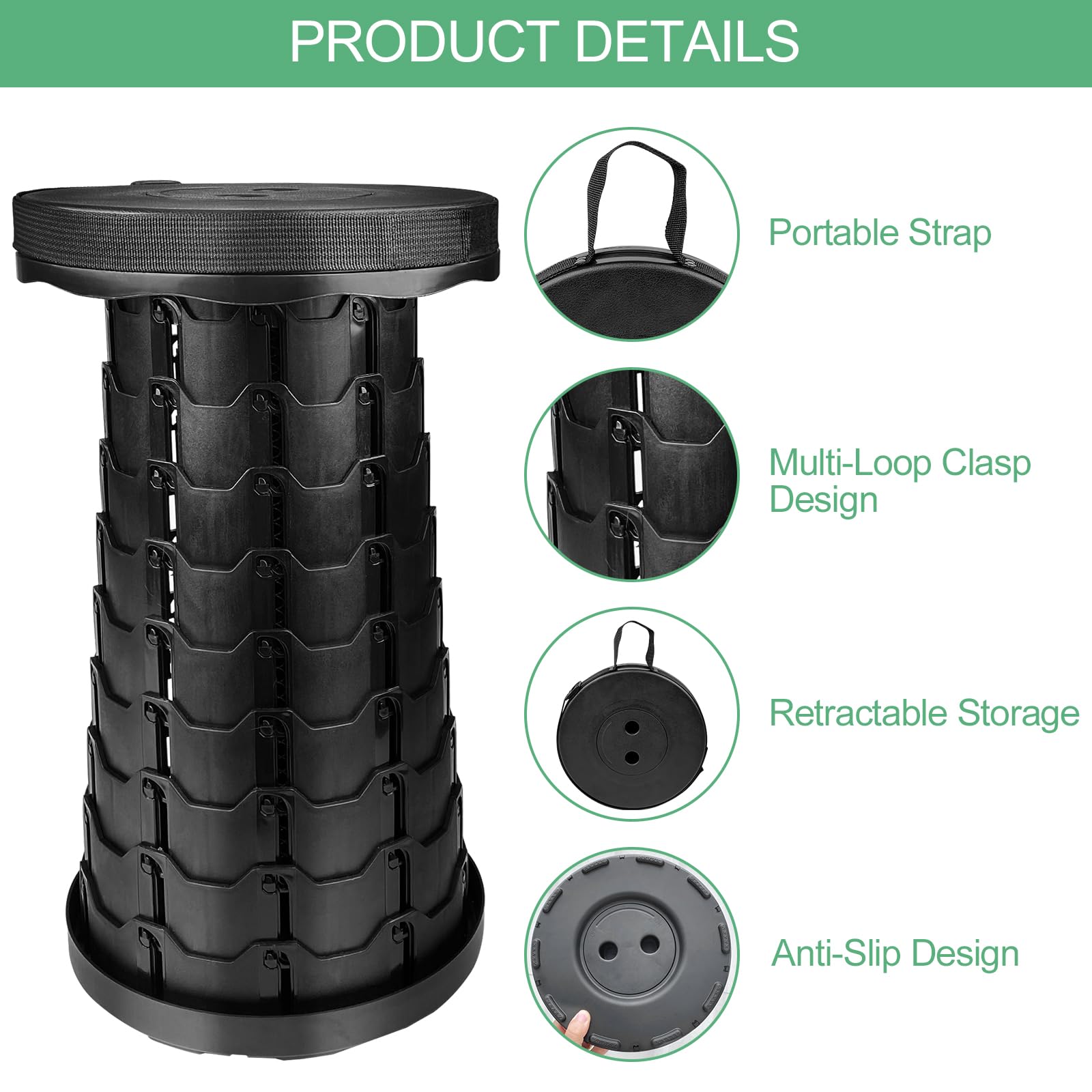 Maxentico Sgabello Pieghevole, Sgabelli Pieghevoli, Sedia Portatile, Sedile Telescopico con Cinturino Regolabile per Campeggio, Pesca, Barbecue, Interni, Viaggi, Feste, Carico Massimo 150kg