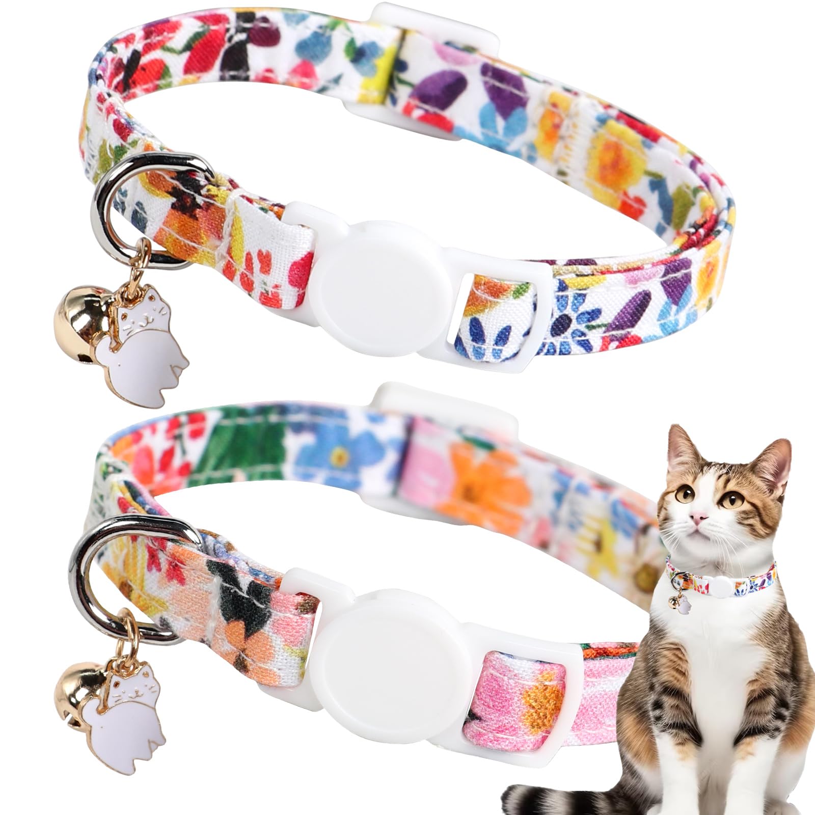 Unique style paws 2 Pack Kitten Collar Breakaway with Bell & Pendant, Adjustable Safety Cat Cotton Collars for Girl Boy Cats and Small Pets