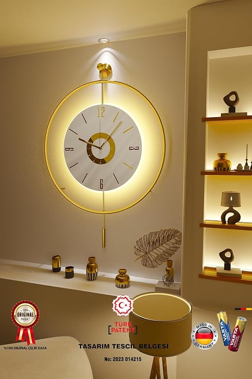 MetaQuartz Aksesuar Metal Çember - Kadran Kristal (Özel Seri- Quartz Mekanizmalı) Pilli Ledli Metal Duvar Saati gold 50 x 75
