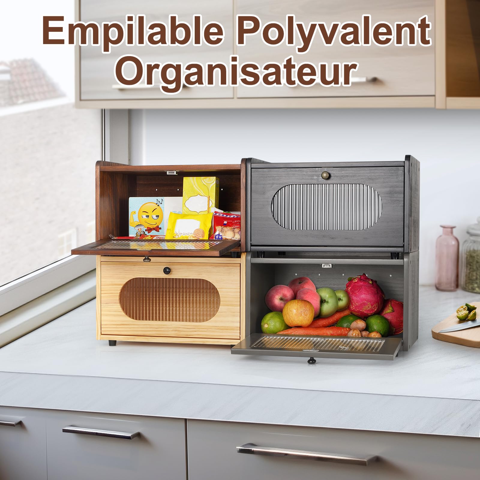 GUUSII HOME Boite a Pain Boîte à Pain de Mie Bois Huche à Pain Vintage Rangement Cuisine Countertop Conteneur de Stockage de Pain avec Porte Magnétique Fenêtre Acrylique 36.5x23.5x22cm (Gris)