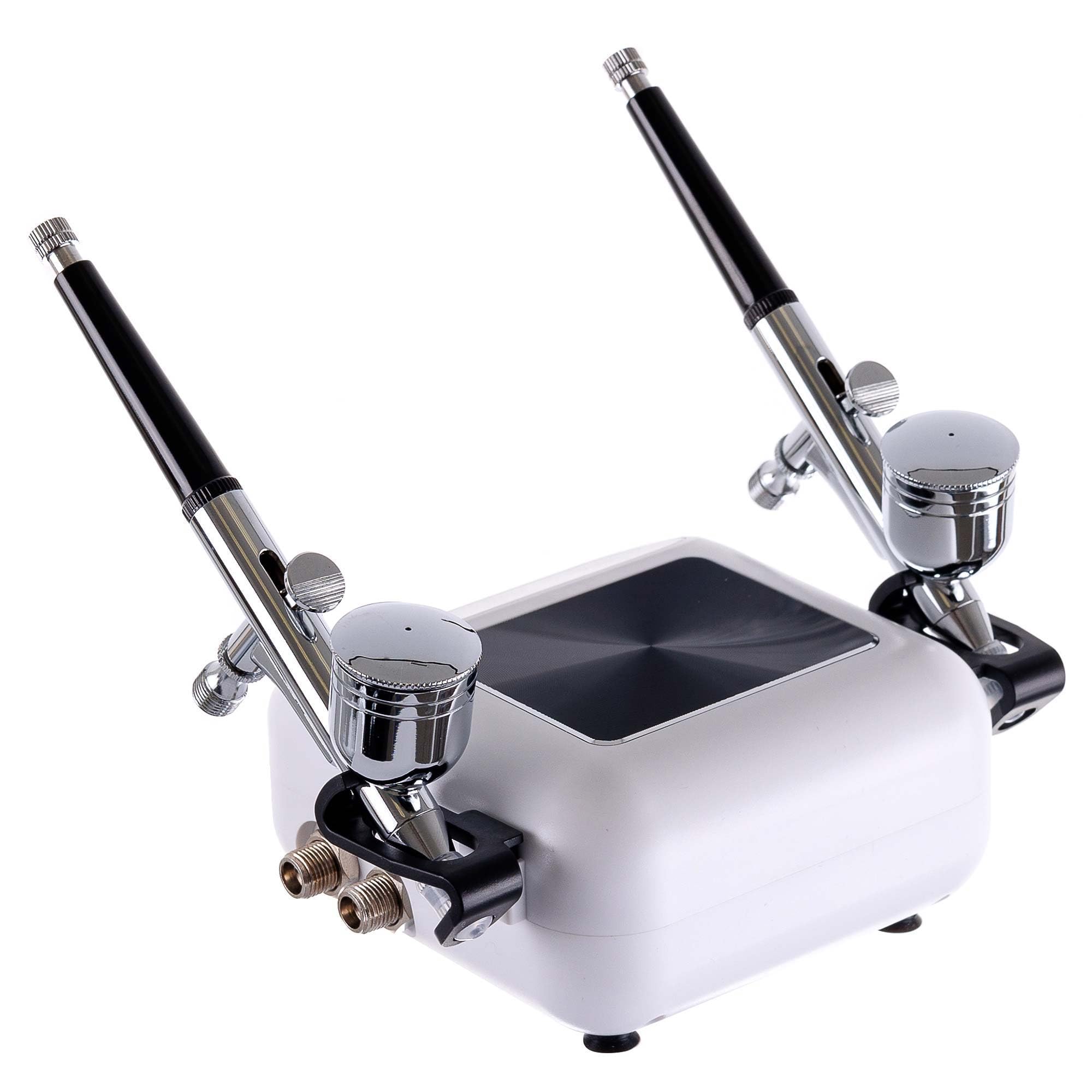 TC TECHNIC - Compressore per Aerografo - Senza Olio, Silenzioso - con 2 Tubi da 1,7m e 2 Pistole per Aerografo - Avvio/Arresto Automatico - Controllo Elettronico Della Pressione - Bianco