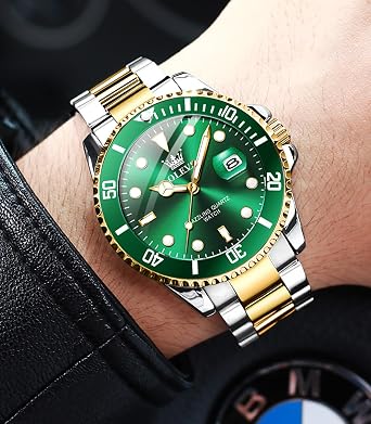 OLEVS Armbanduhr für Herren wasserdicht blaues Zifferblatt luxuriös zweifarbig Edelstahl-Armbanduhr mit Tagesdatum modisch klassisch Silberfarben/goldfarben/grünes Zifferblatt Armband