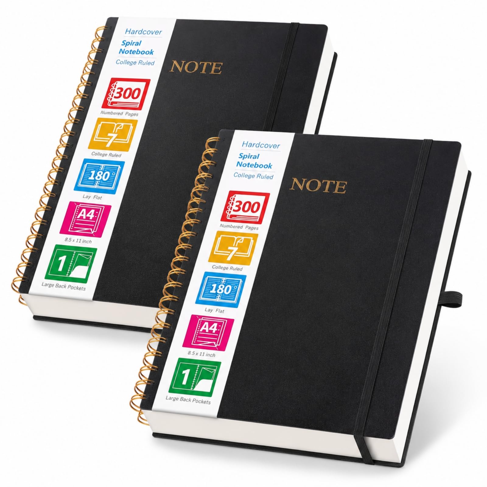 Cuaderno en espiral con rayas universitarias, paquete de 2 unidades de 300 páginas de 8.5 x 11 pulgadas, cuaderno de papel grueso sin sangrado, para tomar notas, número previo, TOC, bolsillos y