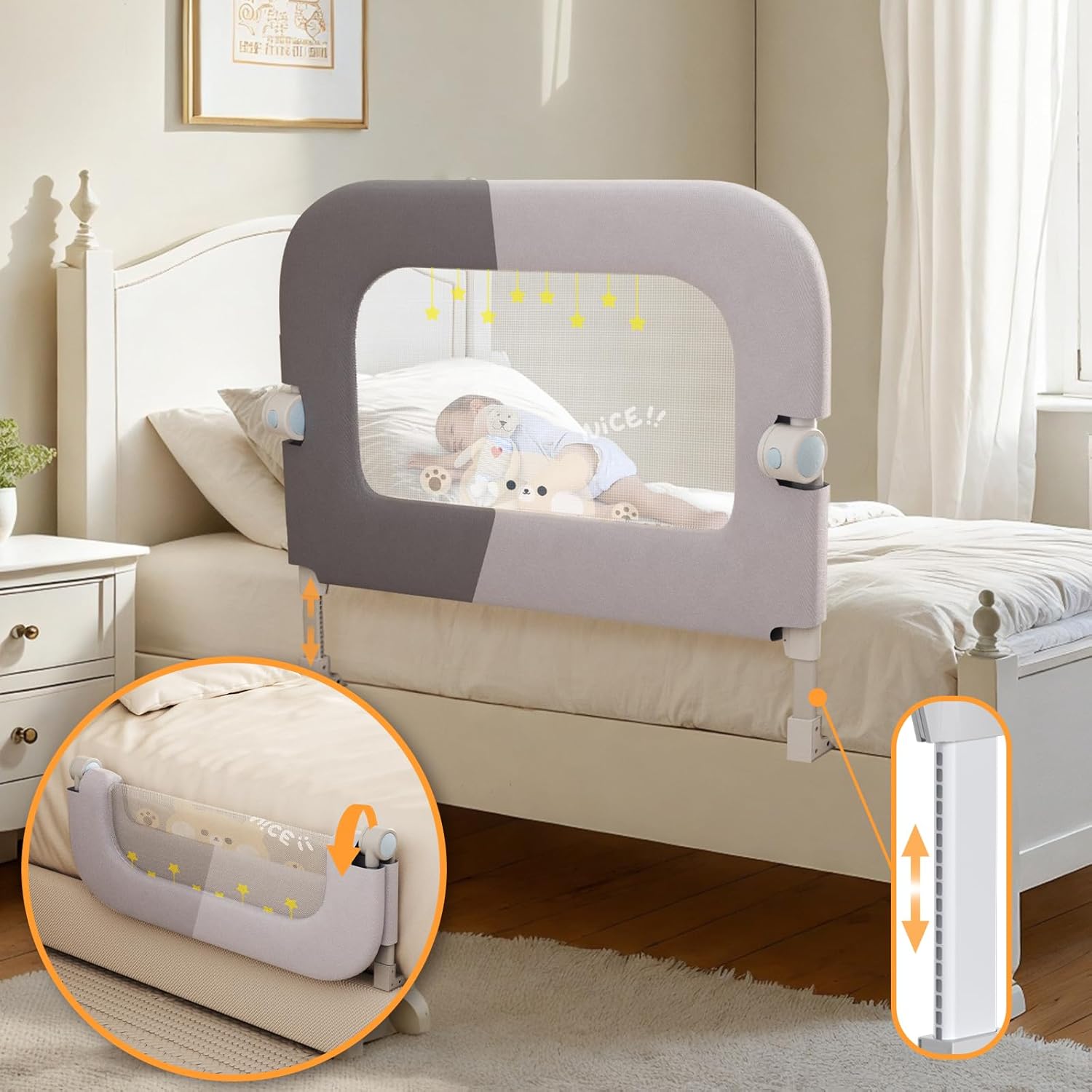 Baby Bed Rail Guard for Toddlers - 32'' U Shaped Extra Large Reinforced Swing Down Foldable Toddler Bed Rails for Kids - Safety Baby Bed Rail Guard Great Fit for Kids Twin,Full,Queen,King Size Bed 32 Inch, Grey