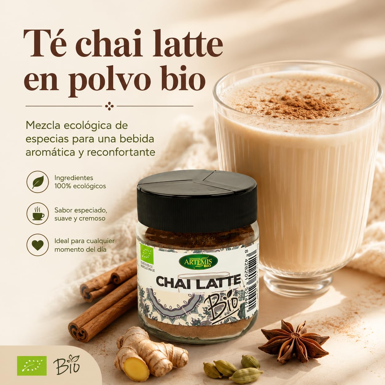 Chai Latte Bio Artemis 60 g té en polvo con especias ecológicas mezcla para leche o bebida vegetal