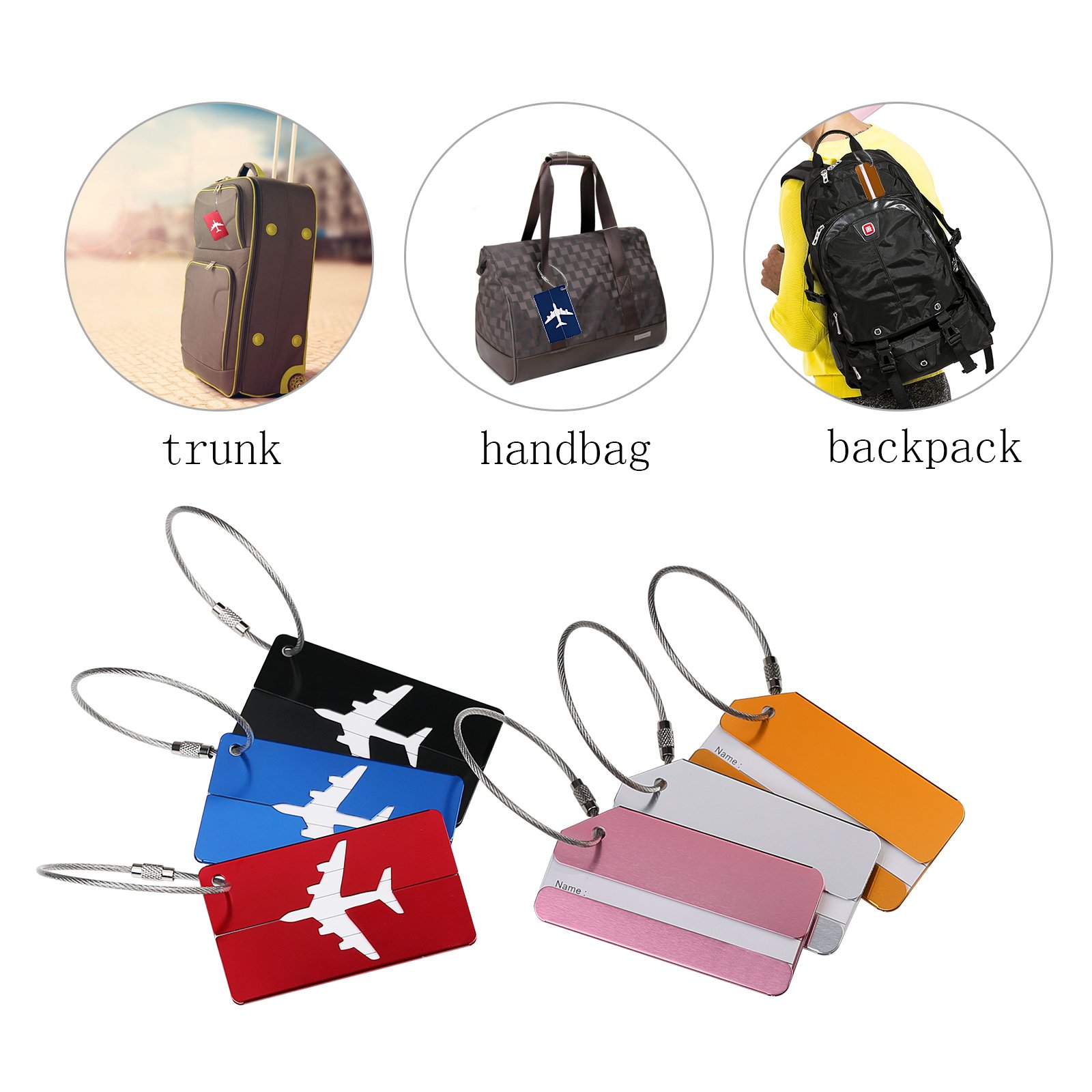Étiquettes De Bagage En Aluminium - Lot De 6 Avec Cordes En Acier | Design Avion Et Rayures | Identification Voyage, Anti-perte