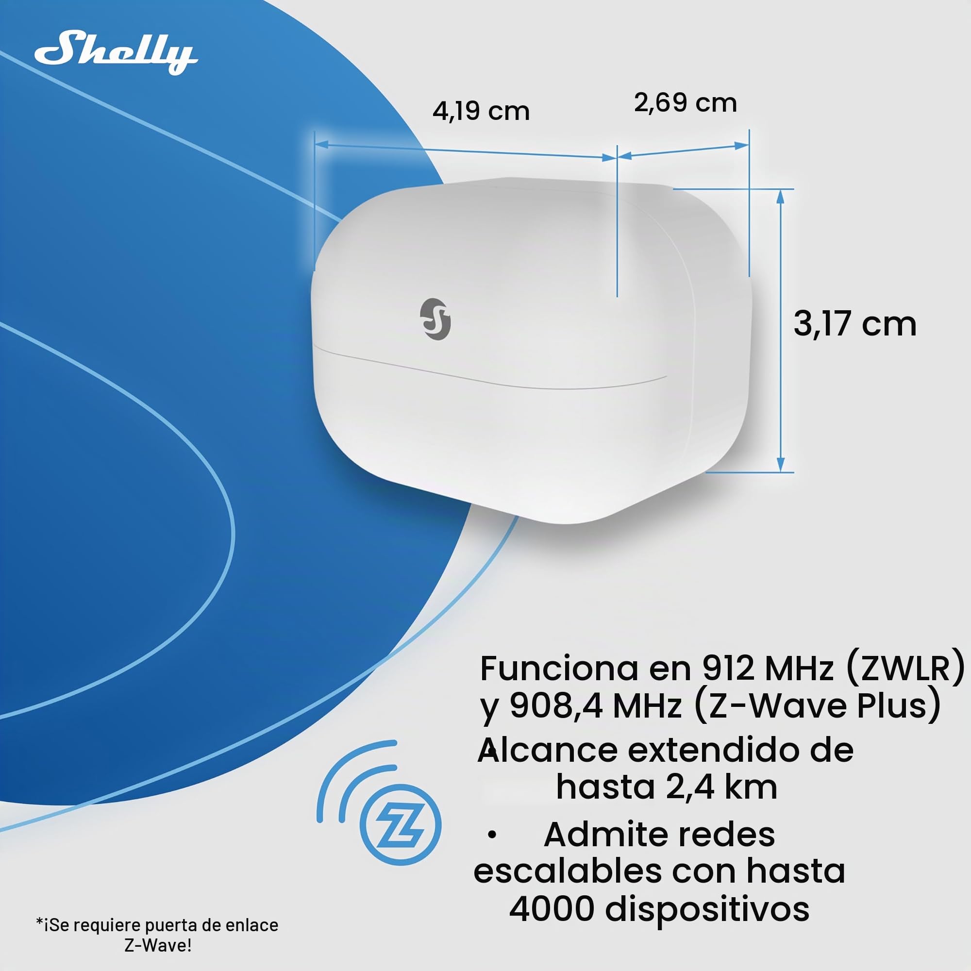 Shelly Wave Motion US LR, Z-Wave Sensor de movimiento y Lux de largo alcance, compatible con Alexa, Google Home, SmartThings, Home Assistant, detección de movimiento, monitoreo remoto