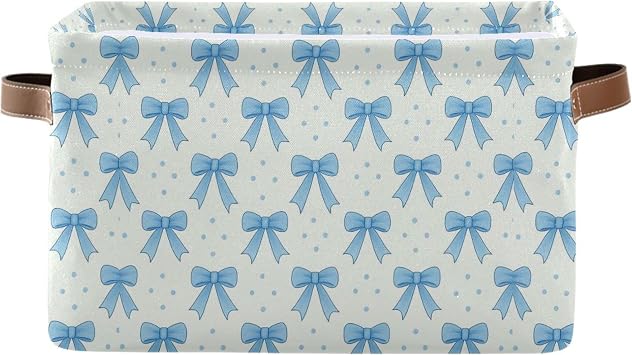 Wamika Blue Bow Storage Basket with Waterproof Liner and PU Handles Coquette Bowknot Storage Bins Boxes 14.2" Collapsible Decorative Organizer Baskets for Bedroom Closet Office 1 Pack