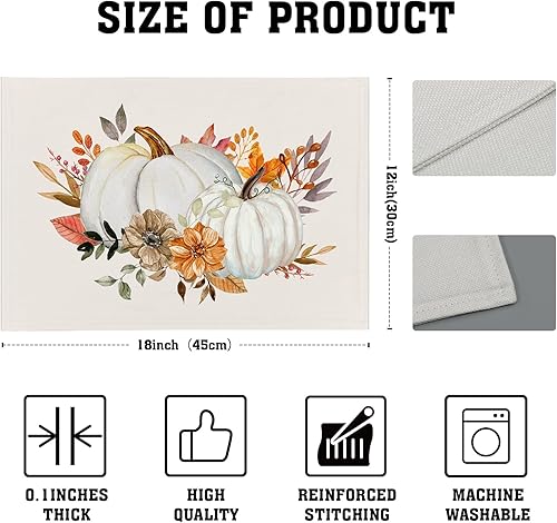 Miniatura 4 de Juego de 4 manteles individuales de calabaza de otoño, con diseño de flores de calabaza, color blanco, lavables, resistentes al calor, para cocina,
