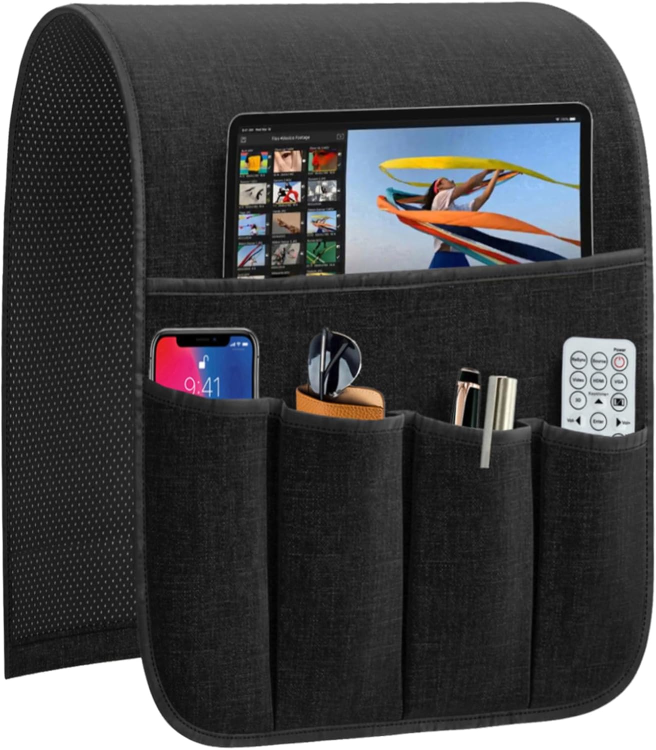 Armrest Organizer Non Slip Remote Control Holder Arm Chair Couch Caddy For Recliner Sofa Bedside With 5 Pocket Storage for Tablet Phone iPad (Coffee, W13" x L33")