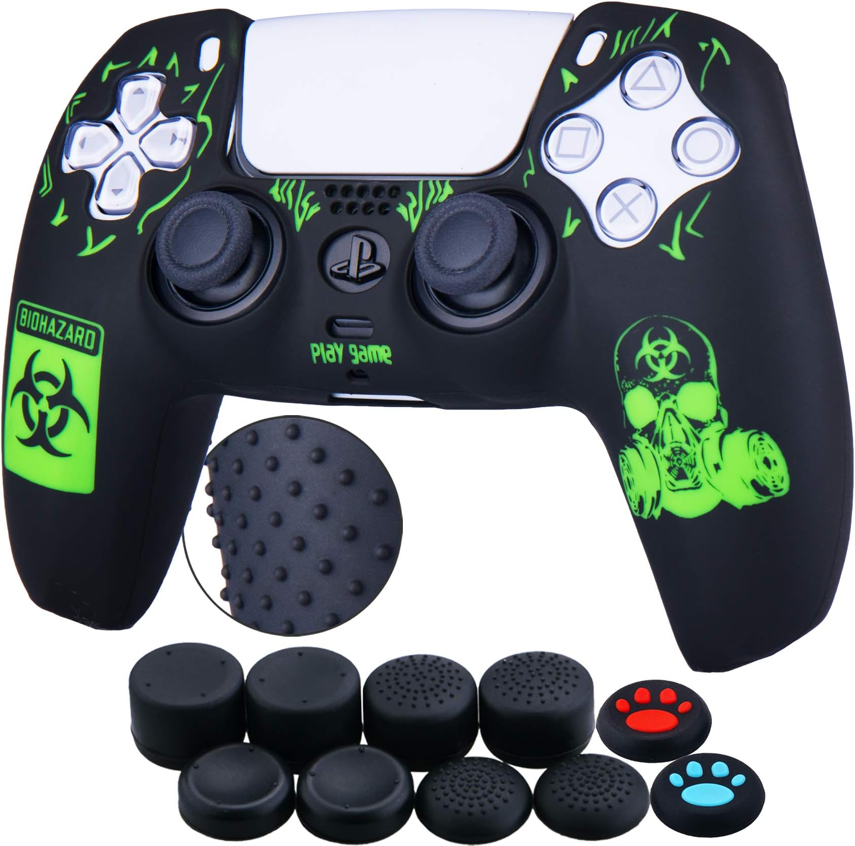 Silicone Rubber Back Dots Carving Customizing Skin Cover for PlayStation 5 Controller PS5 Controller x 1(BH Green) with Pro Thumb Grips x 10