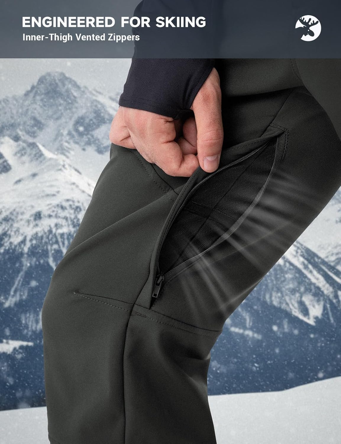 Moosehill Mens Snow Ski Pants: Fleece Lined Softshell Waterproof with Vents & 4 Zip Pockets for Thermal Winter Outdoor - Image 4