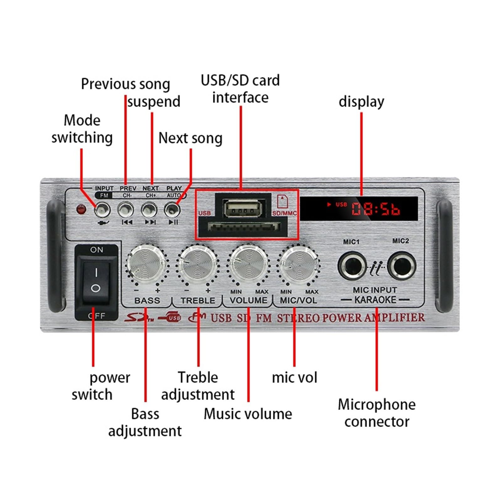 Wzmacniacz audio, Wzmacniacze samochodowe 400 W, 2-kanałowy dźwięk przestrzenny Bluetooth 5.0, pilot zdalnego sterowania FM USB do domu, karaoke