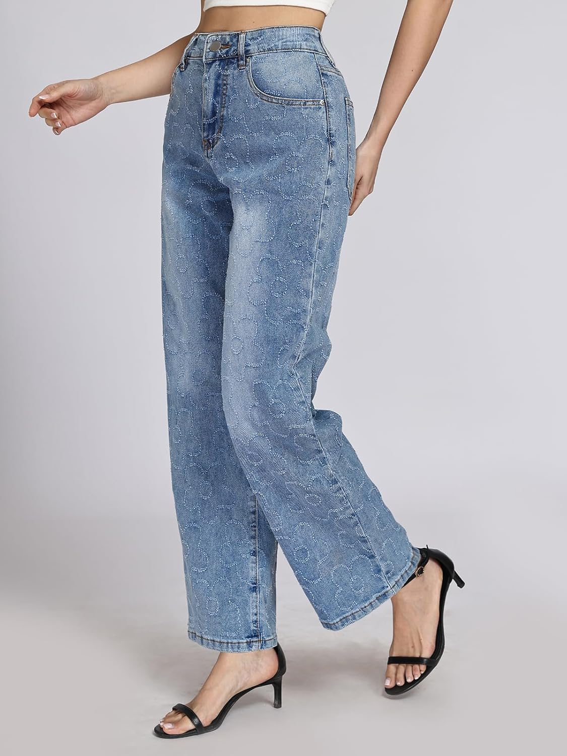 Women Wide Leg Jeans Mid Rise Straight Leg Flower Jeans for Women Stretchy Baggy Denim Pants with Pockets - Image 5