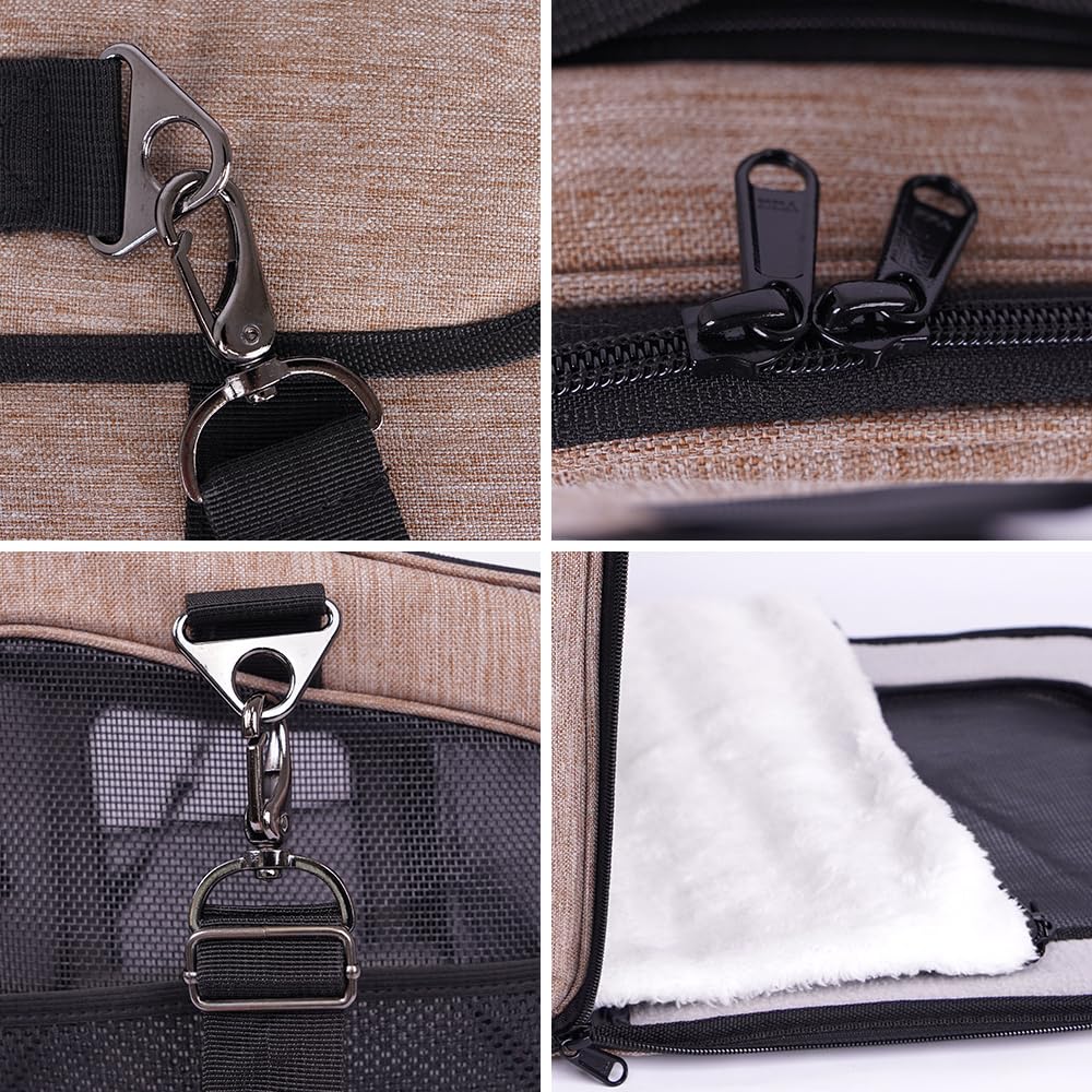 Trasportino per cani e gatti, borsa porta-cane traspirante per animali domestici, trasportino da viaggio con ventilazione, tasche laterali, due porte con tracolla per auto (Marrone, 35x40x45cm)