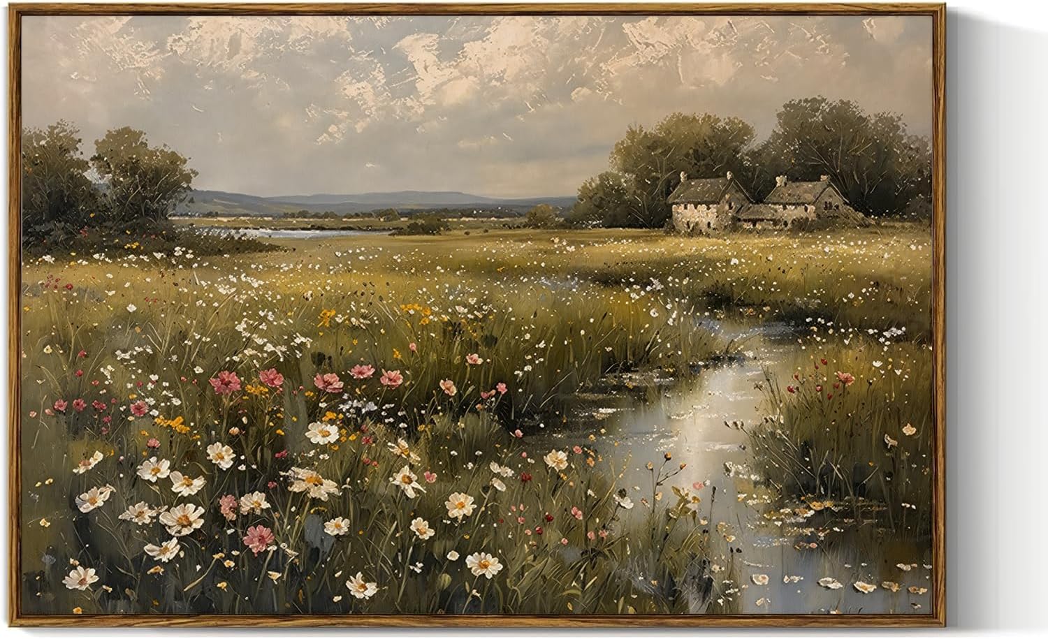 MTFBWY Vintage Wildflower Landscape Wall Art Framed, Nature Farmhouse Canvas Wall Art Prints, Floral Rustic Cottagecore Pictures Decor, for Bedroom Living Room Bathroom 36L x 24W