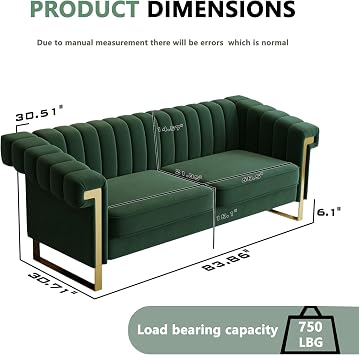 83.46 Emerald Green Velvet 3-Seater Sofa - High Arm Couch with Gold Metal Legs, Stain-Resistant & Pet-Friendly, 750LBS Support - Modern Accent Furniture for Living Room (08-81-Green)