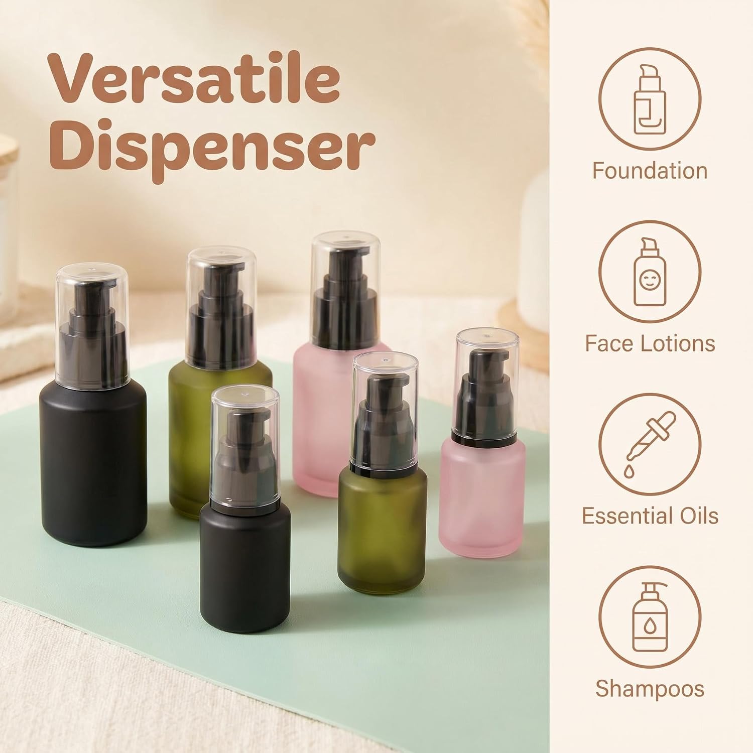 6 Pack 60ml/2oz Glass Pump Bottles Black Frosted Lotion Bottles Empty Cosmetic Containers Travel Size Dispenser Pump Bottles for Lotions Serums Essential Oils Makeup Remover Face Cream