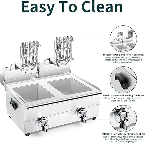 Miniatura 5 de Freidora eléctrica comercial con canasta, temperatura y tiempo ajustables para pollo frito, papas fritas, alas, 110 V, 2000 W x 2 (2.65 galx2)