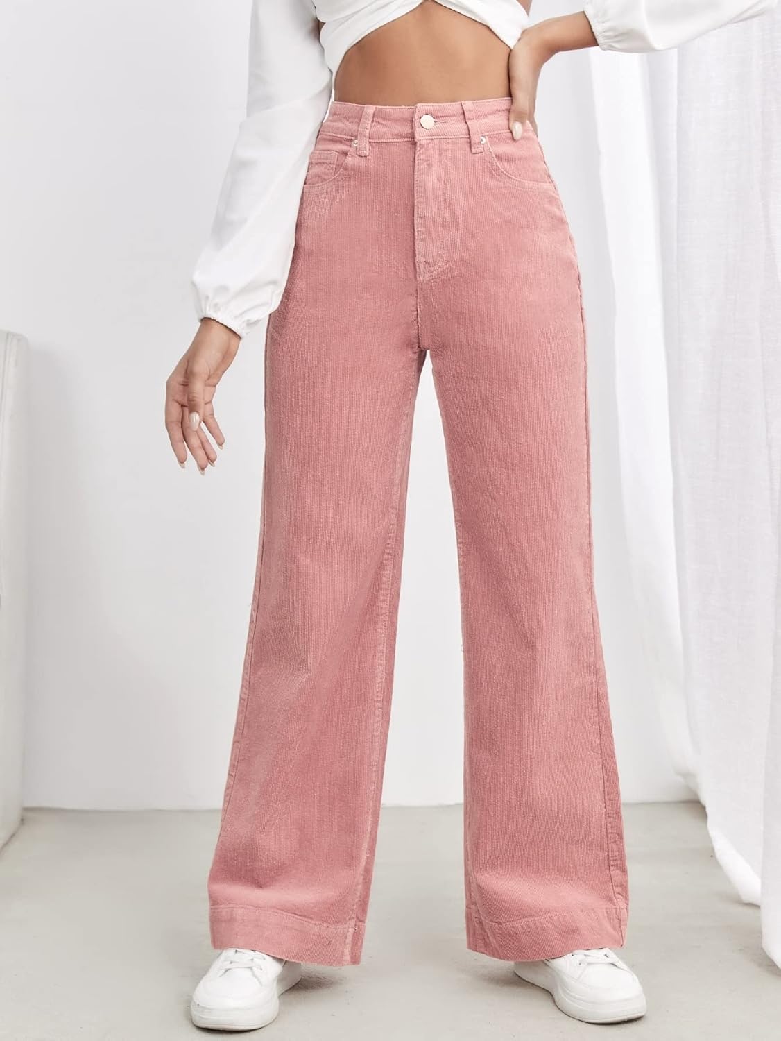 AVIMYA Womens Casual Pants High Waist Slant Pocket Cord Pants for Work
