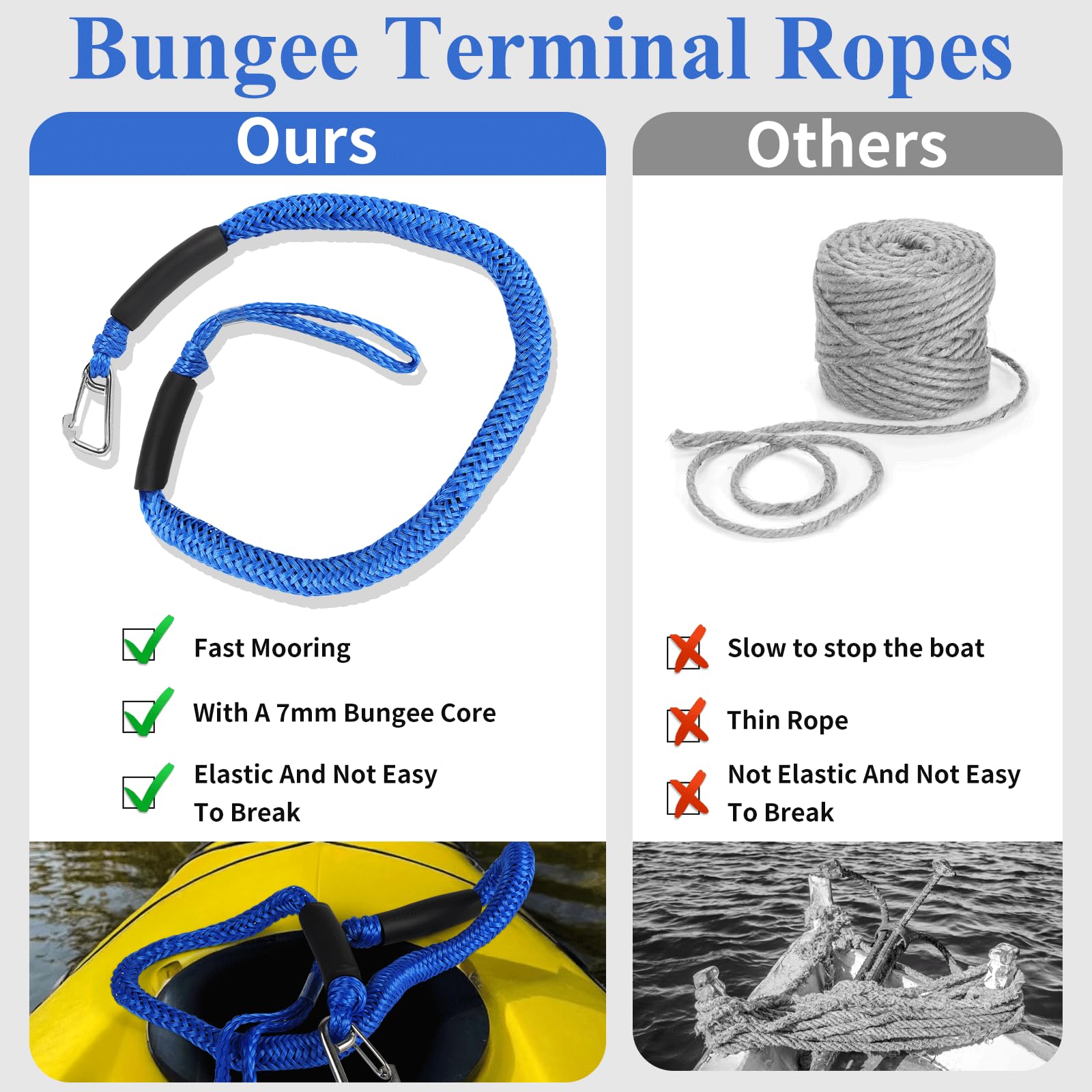 EFUTURETIME 2 x Festmacherleine Boot Bungee Seil 4 Feet (10cm), Bootsleine Festmacher Bungee Quick Release mit Auge und Haken, Tauwerk Bootszubehör für Boote, Motorboot, Blau