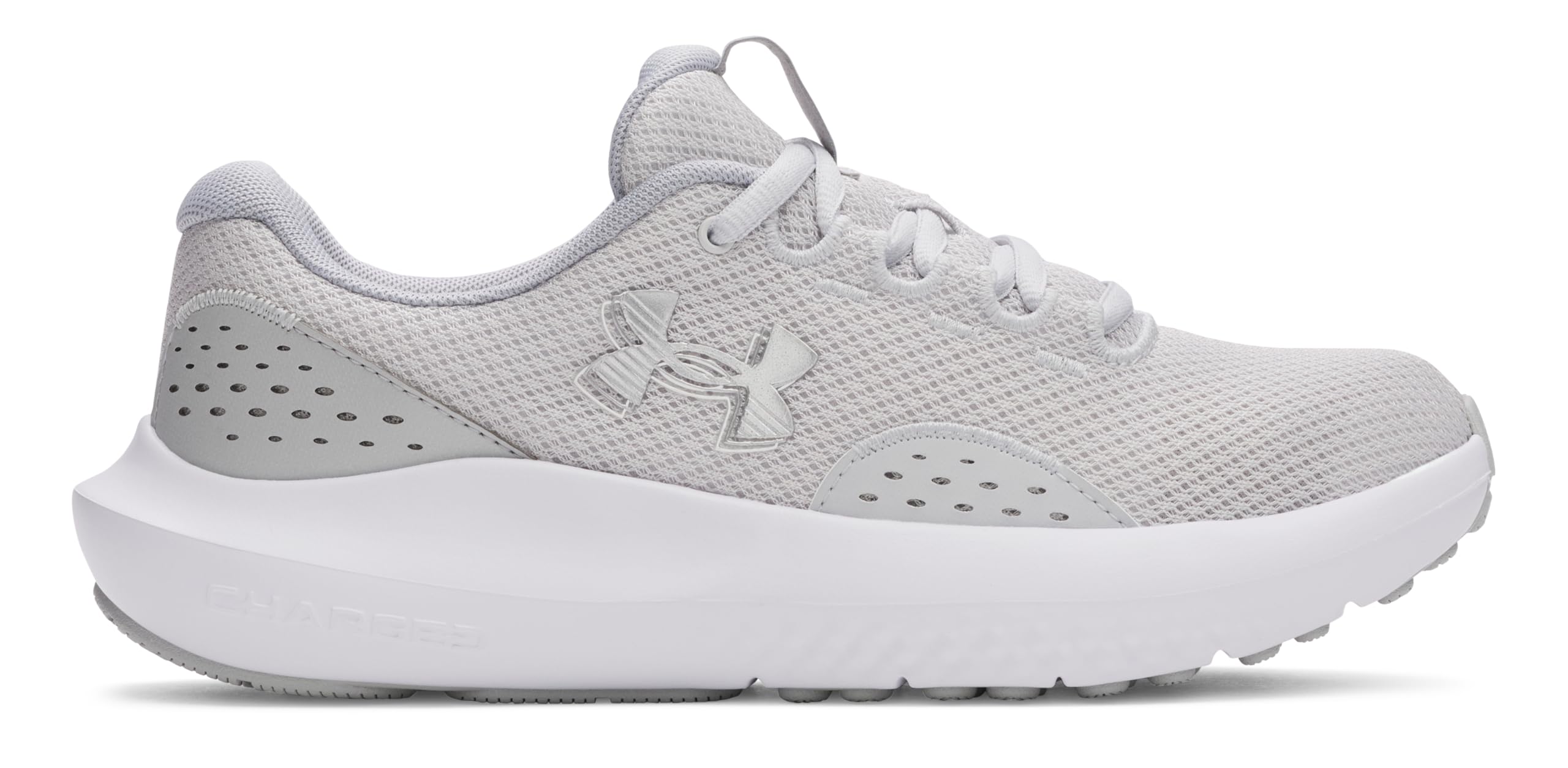 Under Armour Damen Charged Surge 4, leichte und atmungsaktive Laufschuhe, gepolsterte Joggingschuhe für langen Komfort,Halo Gray / Metallic Silver / Metallic Silver,42