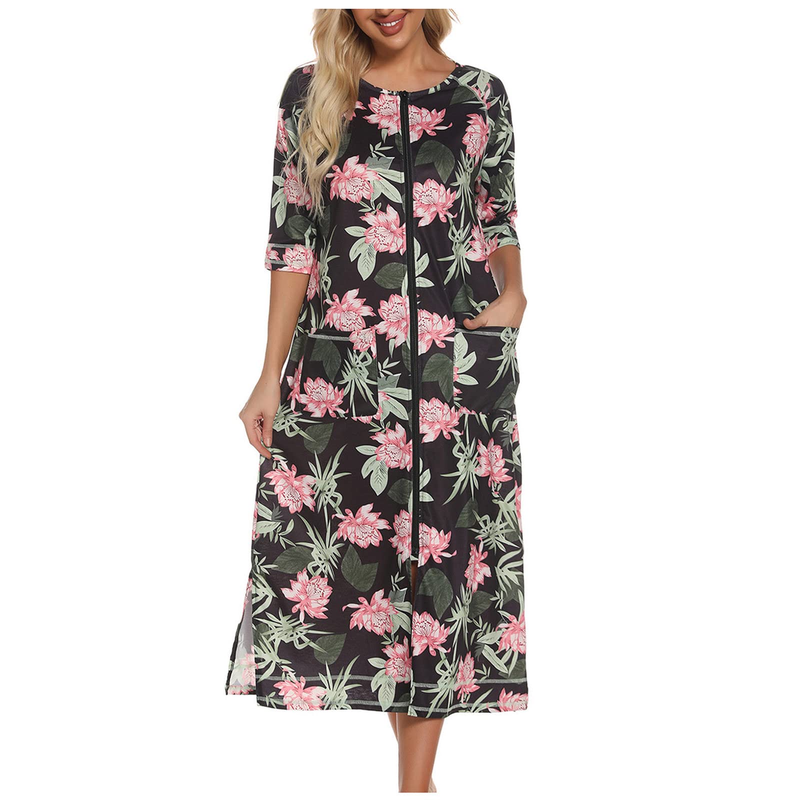 NSICBMNO Robe de chambre florale légère pour femme - Longue fermeture éclair - Manches 3/4 - Col rond - Vêtements de nuit