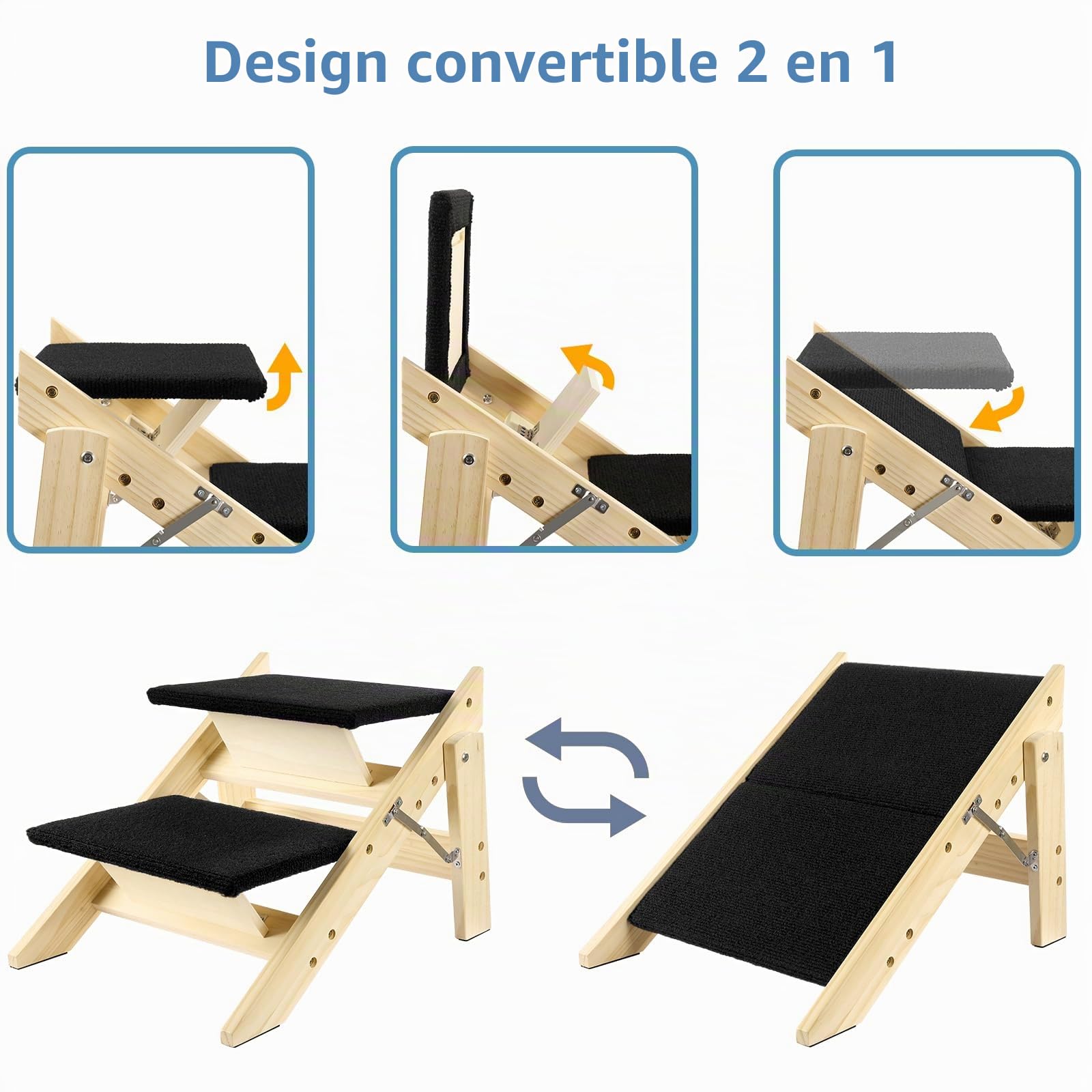 Rampe pliable 2 en 1 pour chien avec 2 marches, escaliers en bois durable pour chiens de petite et moyenne taille, escaliers pour animaux domestiques