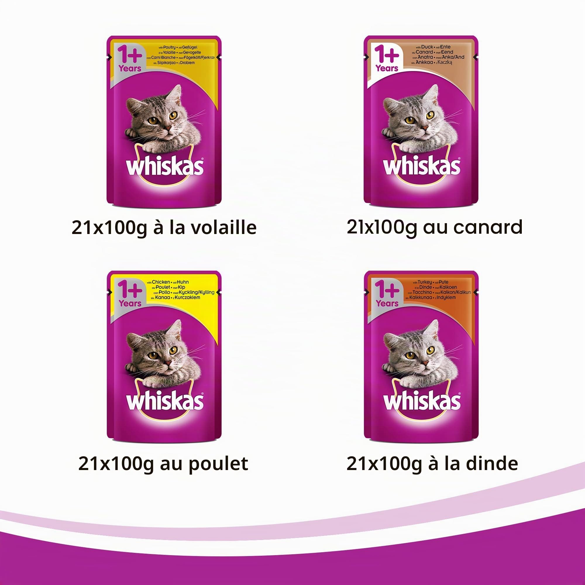 WHISKAS Repas pour Chat - 84 Sachets Fraîcheur 100g - Pâtée en Sauce - Poulet / Dinde / Canard / Volaille - Nourriture Complète & Equilibrée, Ingrédients Naturels, Adapté Chat Stérilisé
