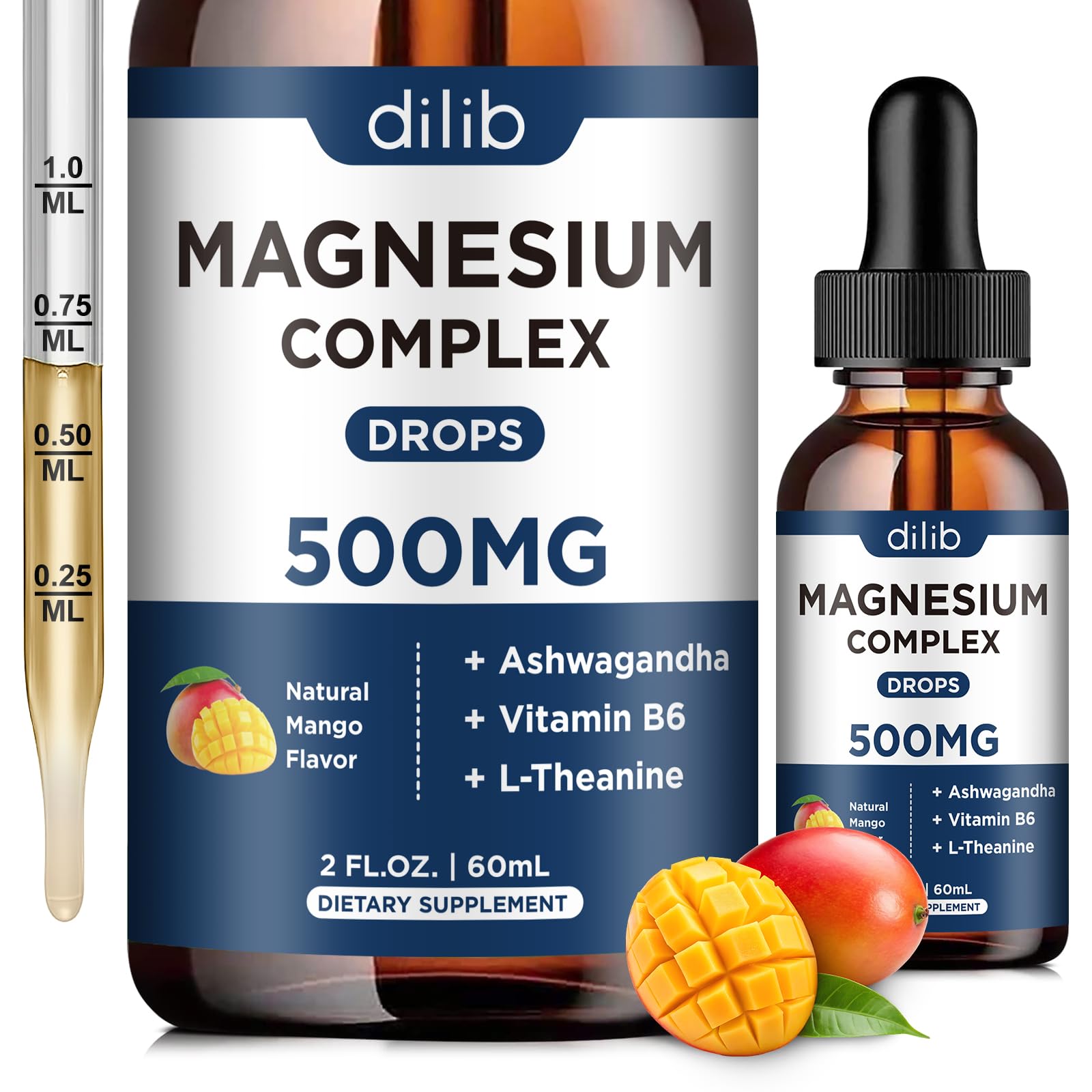 Magnesium Glycinate Liquid Drops 500mg - Triple Magnesium Complex Supplement with Citrate, Malate, Ashwagandha, L-Theanine, Vitamin B6 for Sleep, Mood, Stress Relief, Muscle, Mango Flavor 2 Fl Oz Mango 2 Fl Oz (Pack of 1)