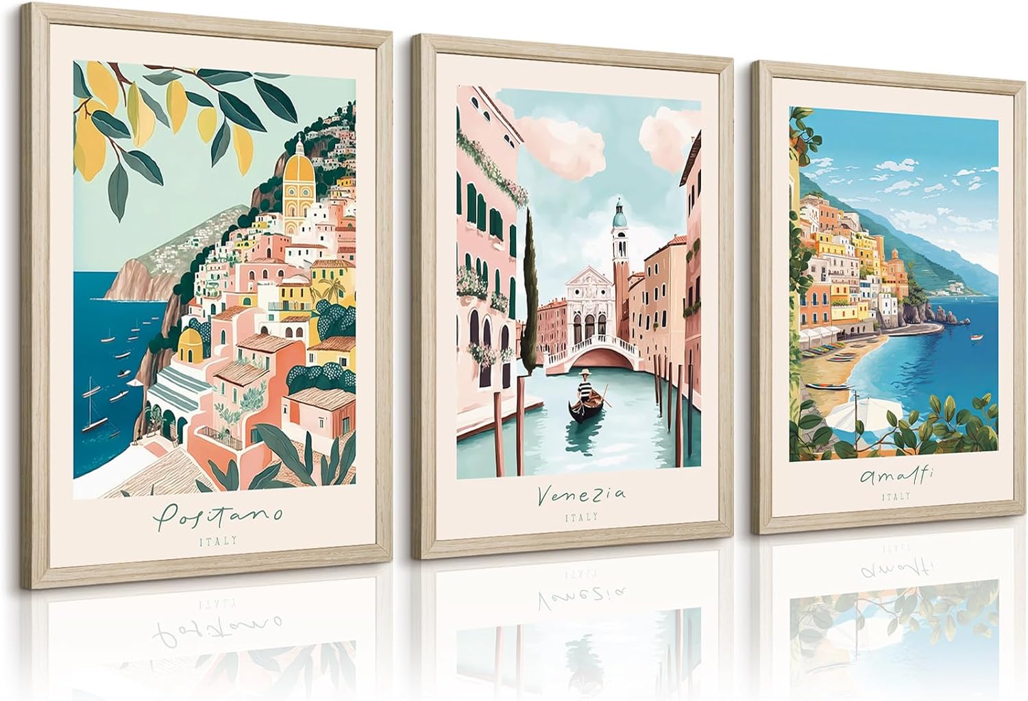 Italy Amalfi Coast Wall Art Italian City Canvas Wall Decor Italy Travel Landscape Wall Art Posters Blue Venice Beach Painting Pictures Italian Modern Artwork for Home 24x36 Inch Framed Set of 3