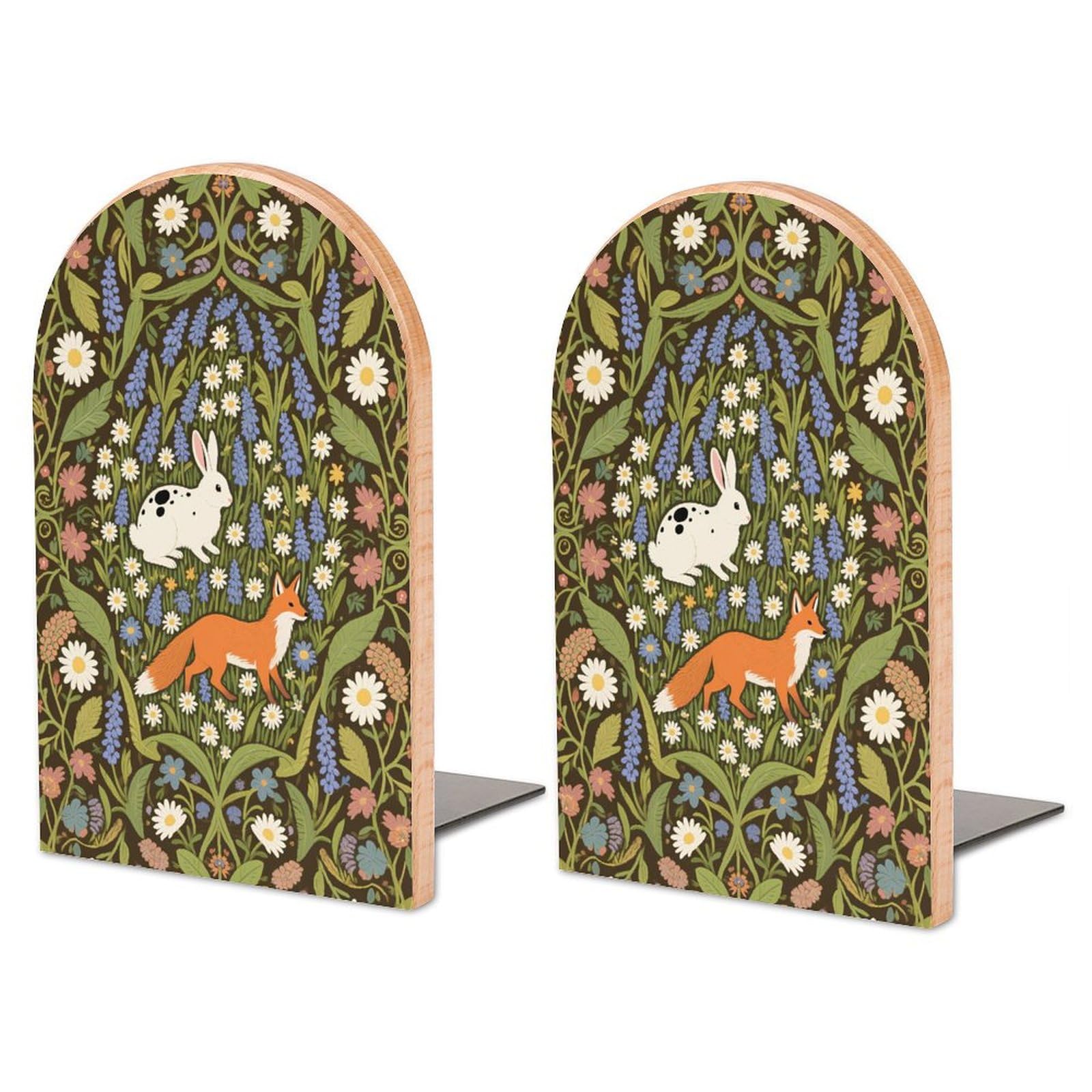 PLQWMR 2PCS Wood Bookends – William Morris Rabbit & Fox Print, Non-Slip Heavy Duty Book Ends for Shelves, Desk, Home Office, Library, Study Room Decoration